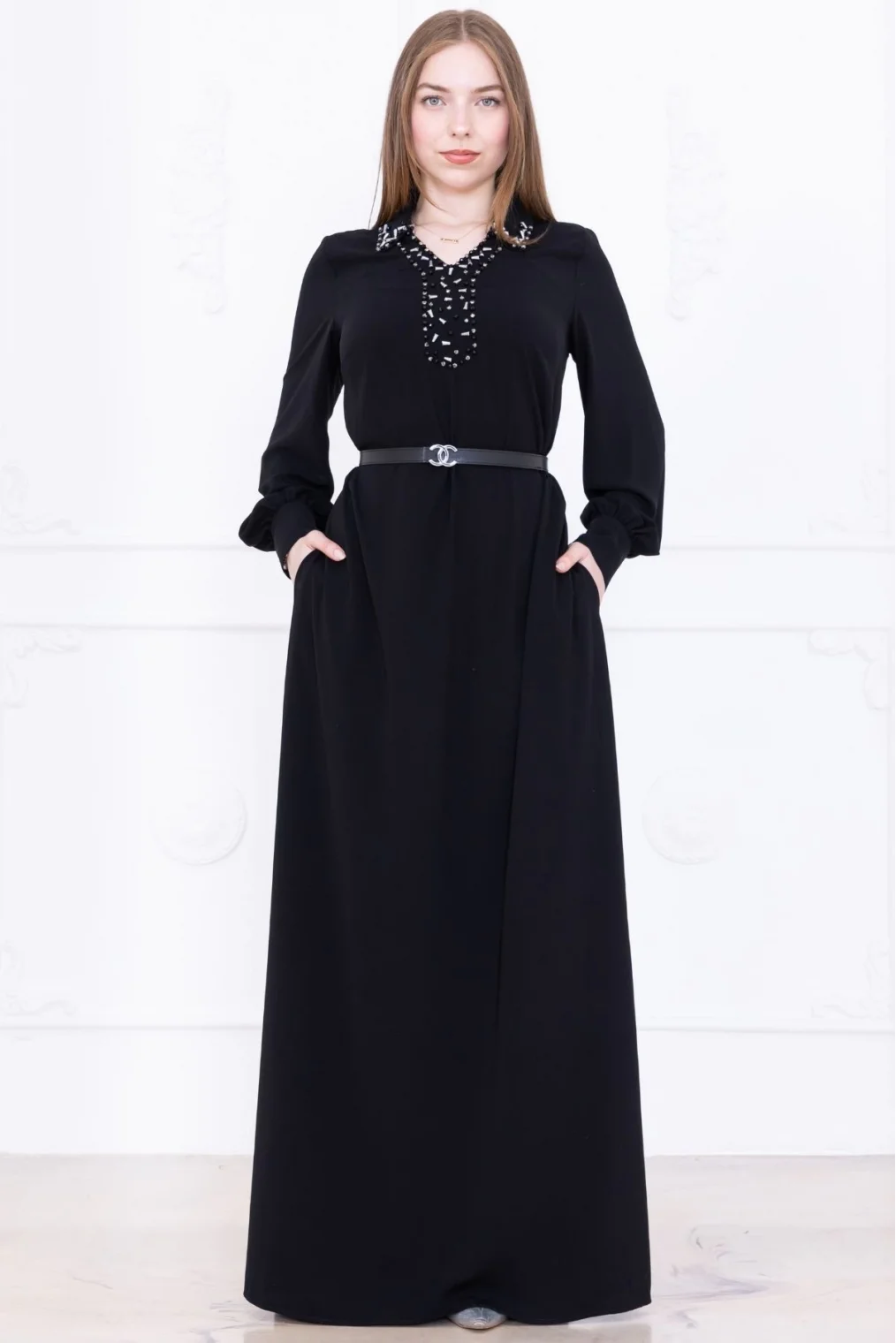 Yaka İşleme Detaylı Kemerli Rahat Form Elbise 1016-Siyah