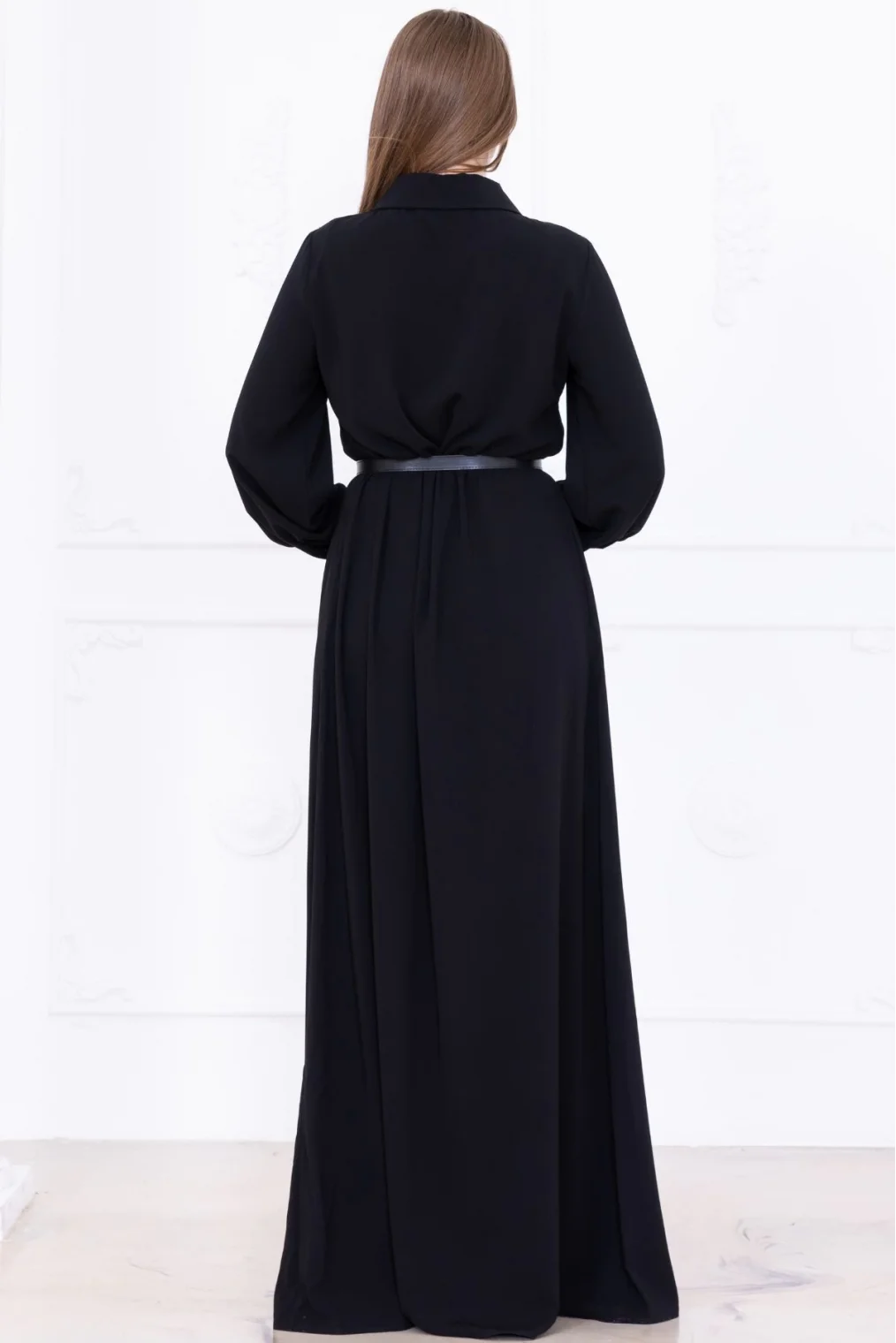 Yaka İşleme Detaylı Kemerli Rahat Form Elbise 1016-Siyah