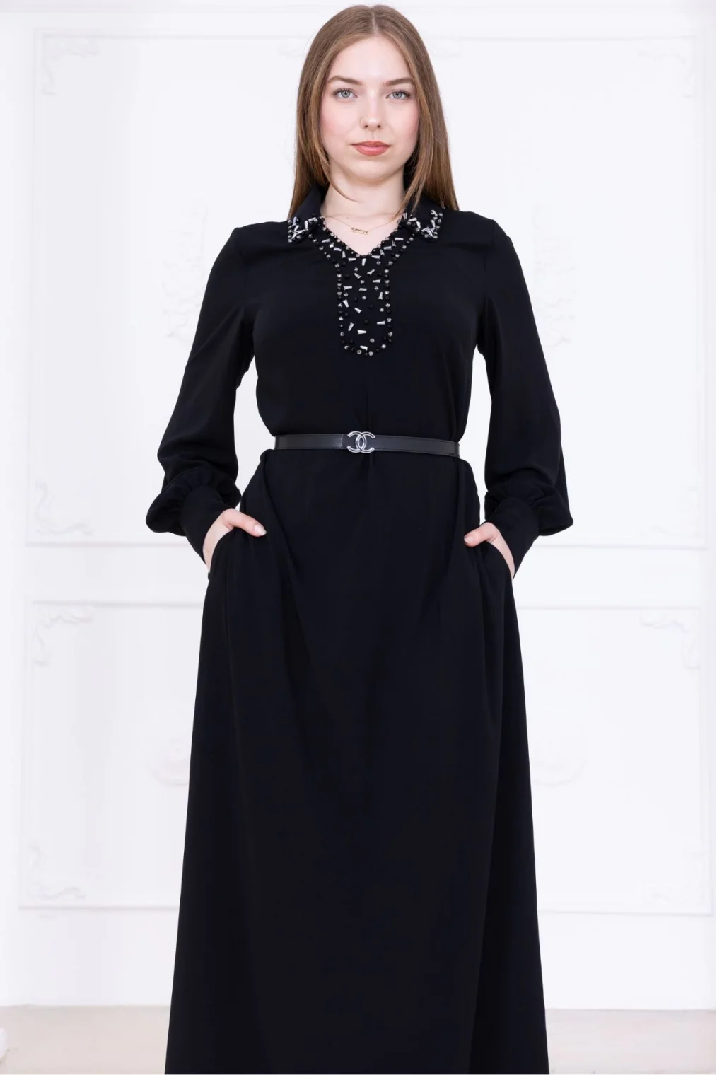 Yaka İşleme Detaylı Kemerli Rahat Form Elbise 1016-Siyah