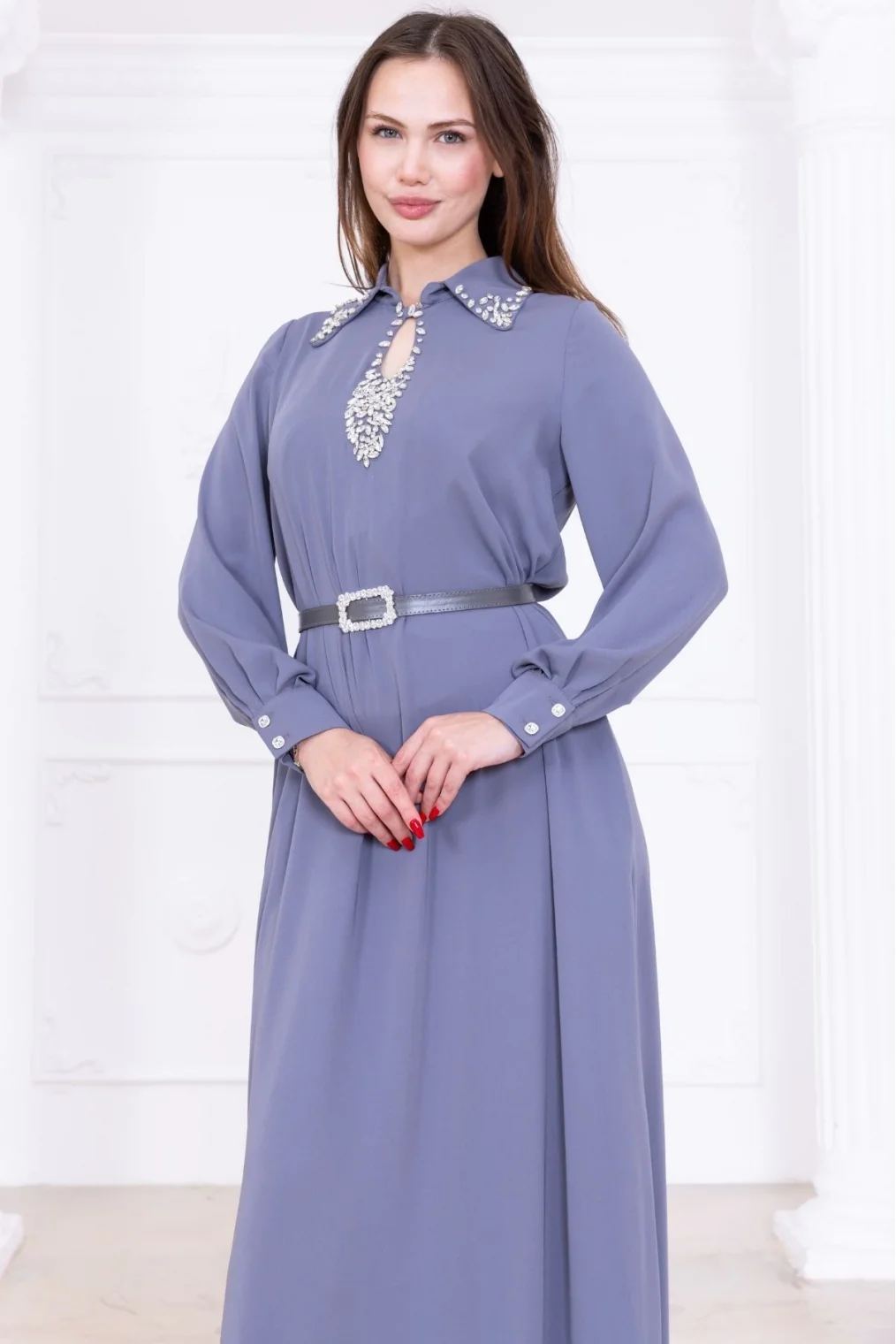 Yaka İşleme Detaylı Rahat Form Elbise 1013-Gri