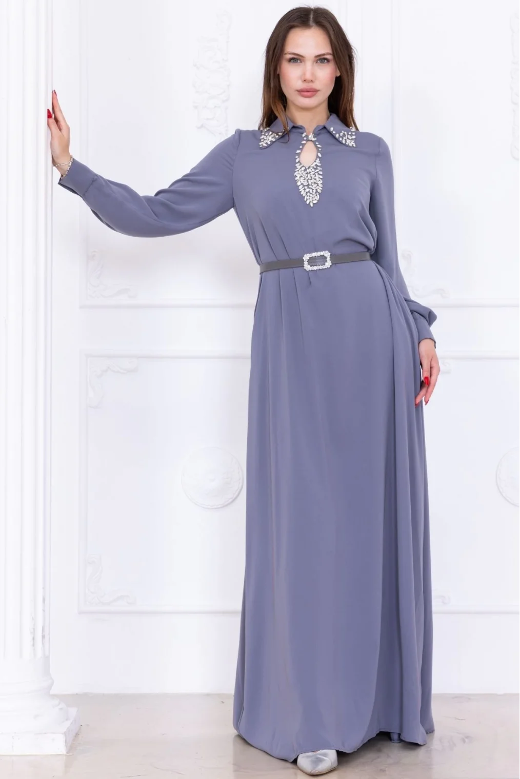 Yaka İşleme Detaylı Rahat Form Elbise 1013-Gri