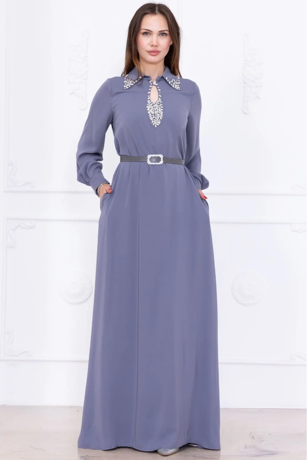 Yaka İşleme Detaylı Rahat Form Elbise 1013-Gri