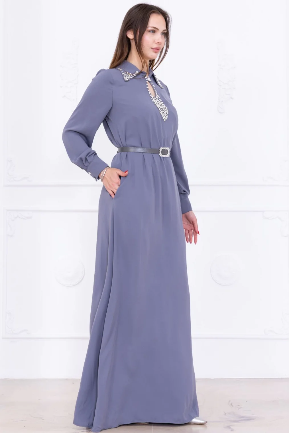 Yaka İşleme Detaylı Rahat Form Elbise 1013-Gri