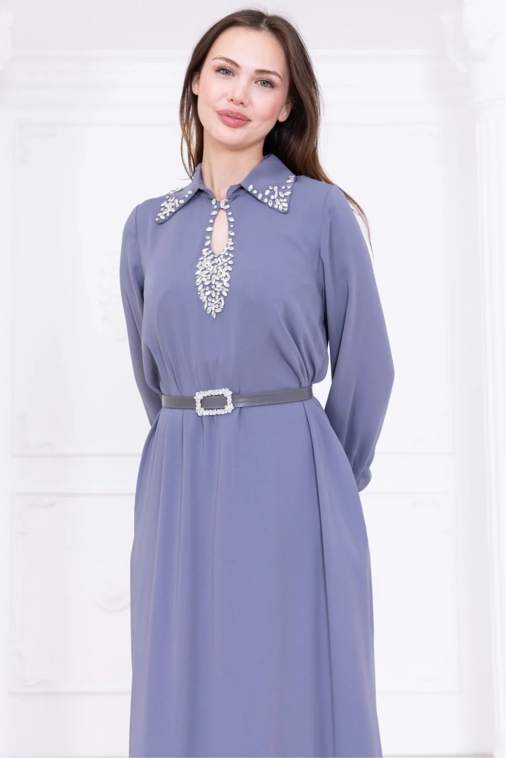 Yaka İşleme Detaylı Rahat Form Elbise 1013-Gri