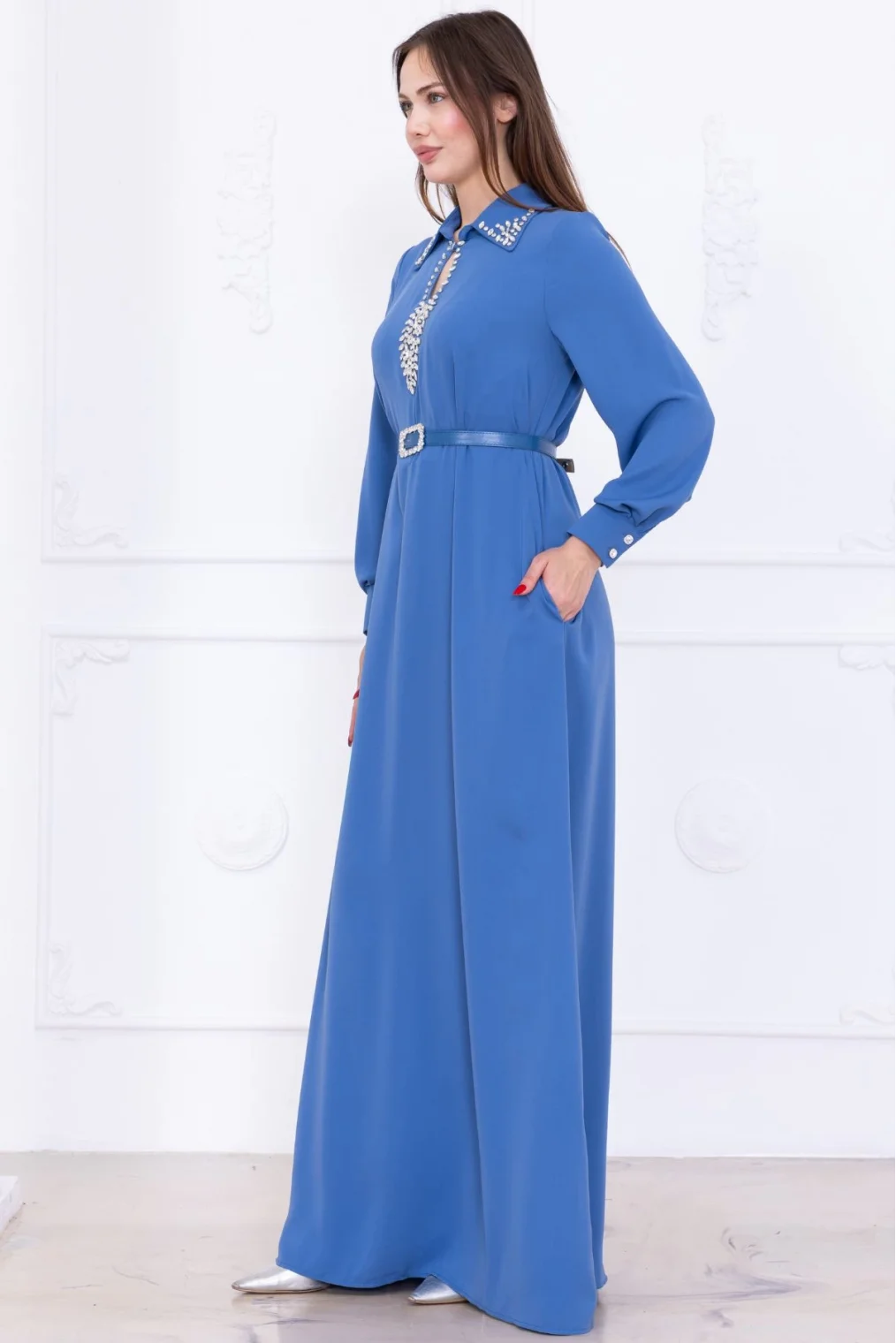 Yaka İşleme Detaylı Rahat Form Elbise 1013-İndigo