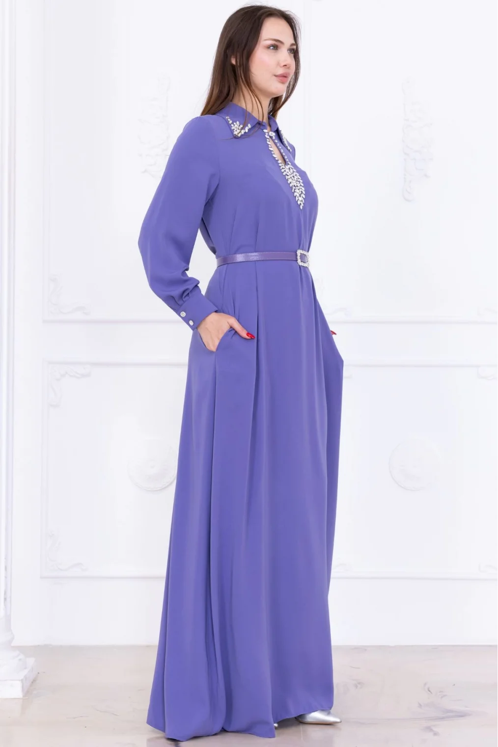 Yaka İşleme Detaylı Rahat Form Elbise 1013-Lila