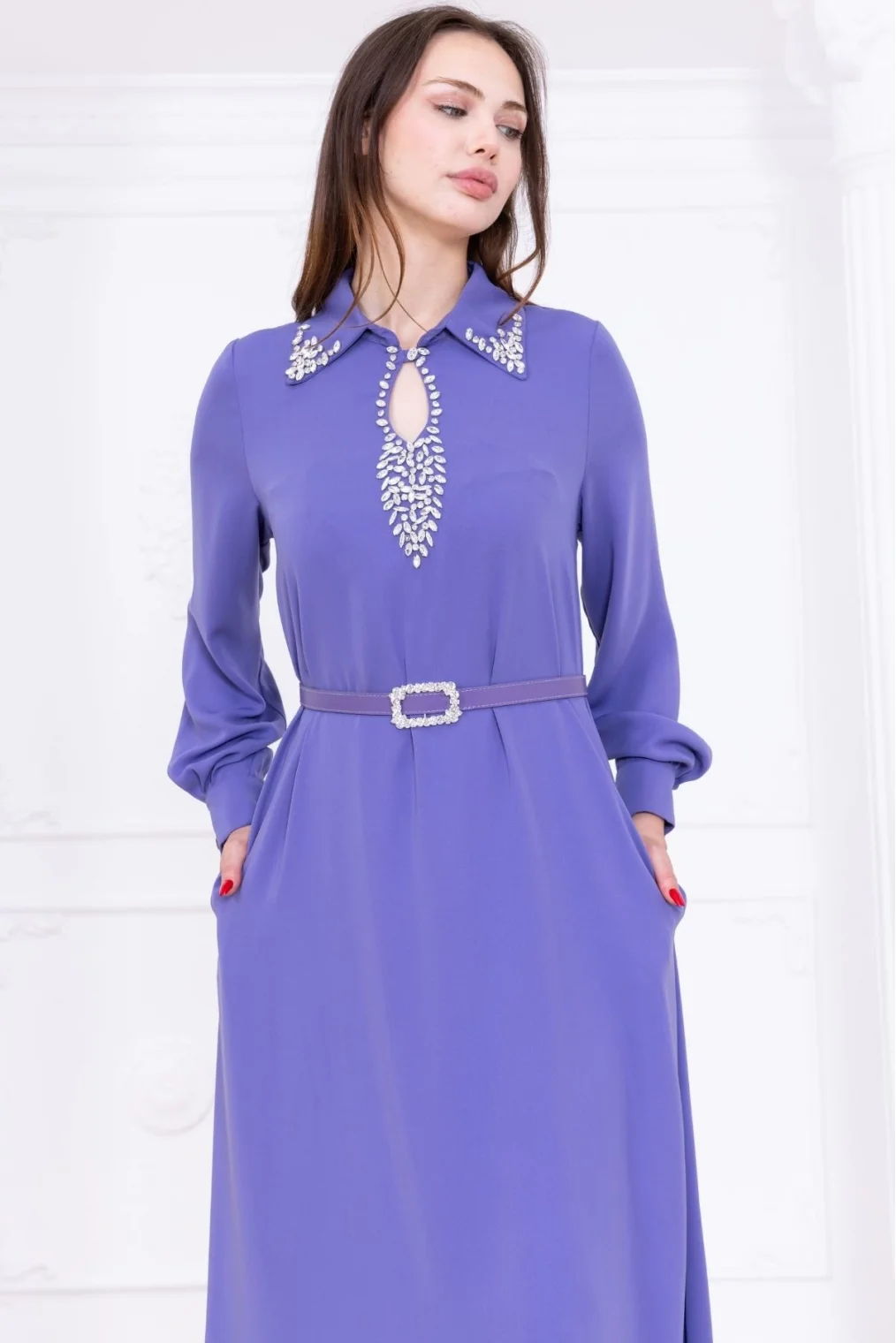 Yaka İşleme Detaylı Rahat Form Elbise 1013-Lila