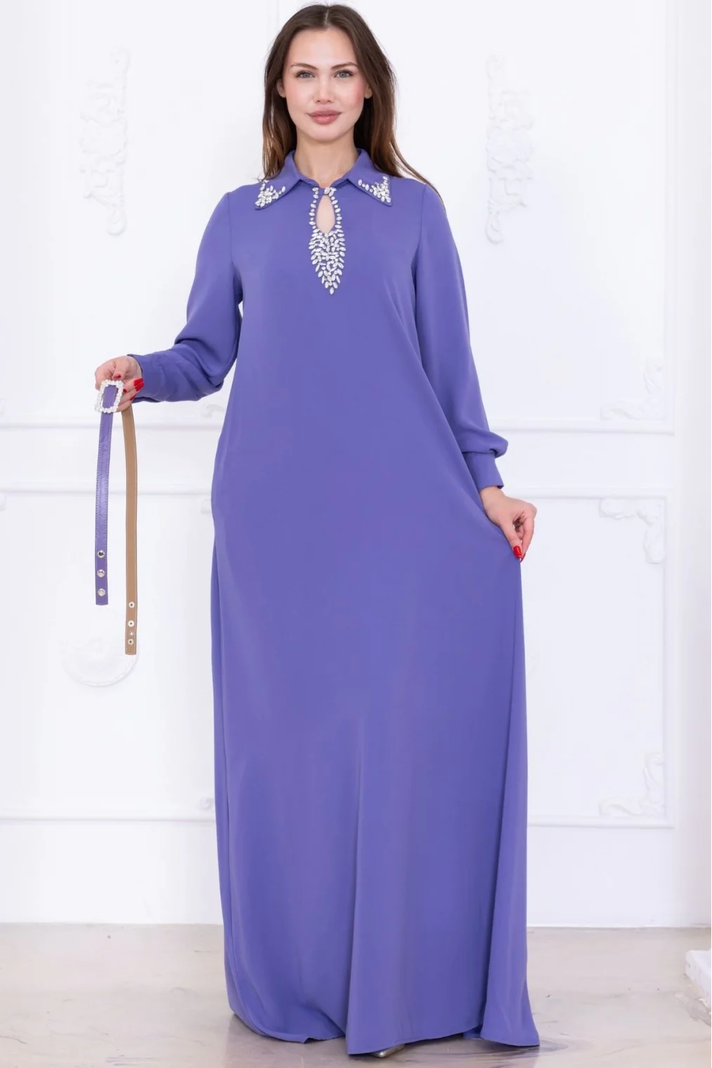 Yaka İşleme Detaylı Rahat Form Elbise 1013-Lila