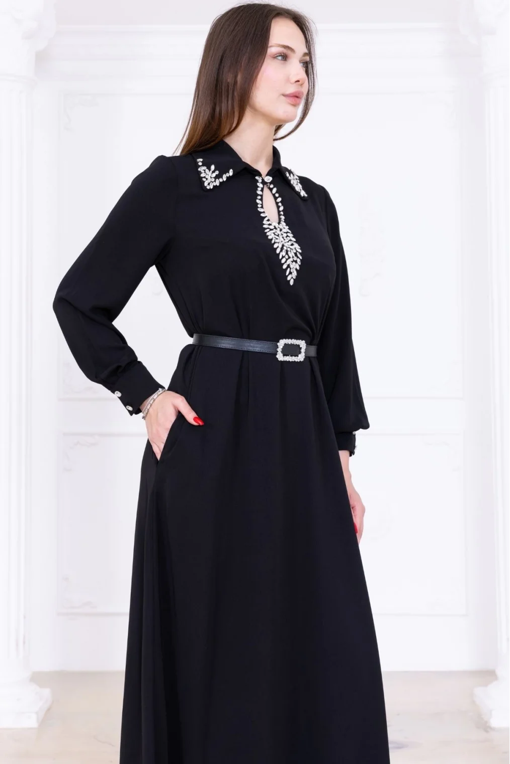 Yaka İşleme Detaylı Rahat Form Elbise 1013-Siyah