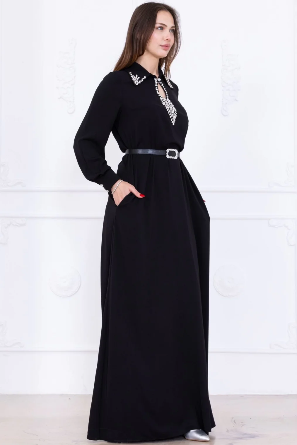 Yaka İşleme Detaylı Rahat Form Elbise 1013-Siyah