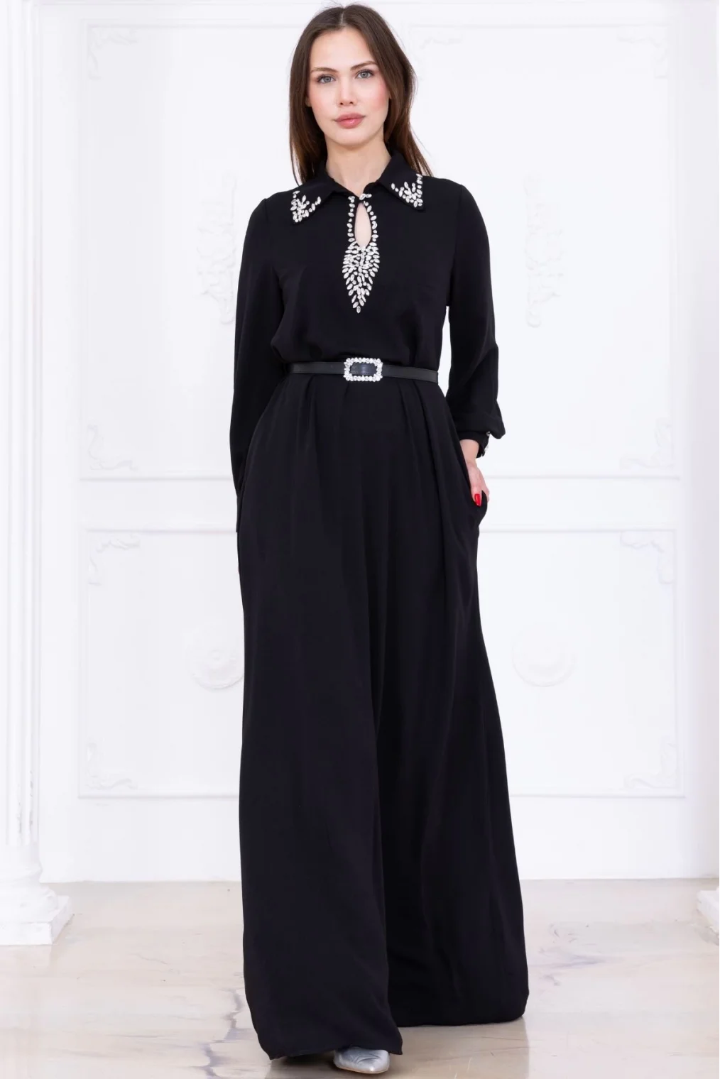 Yaka İşleme Detaylı Rahat Form Elbise 1013-Siyah