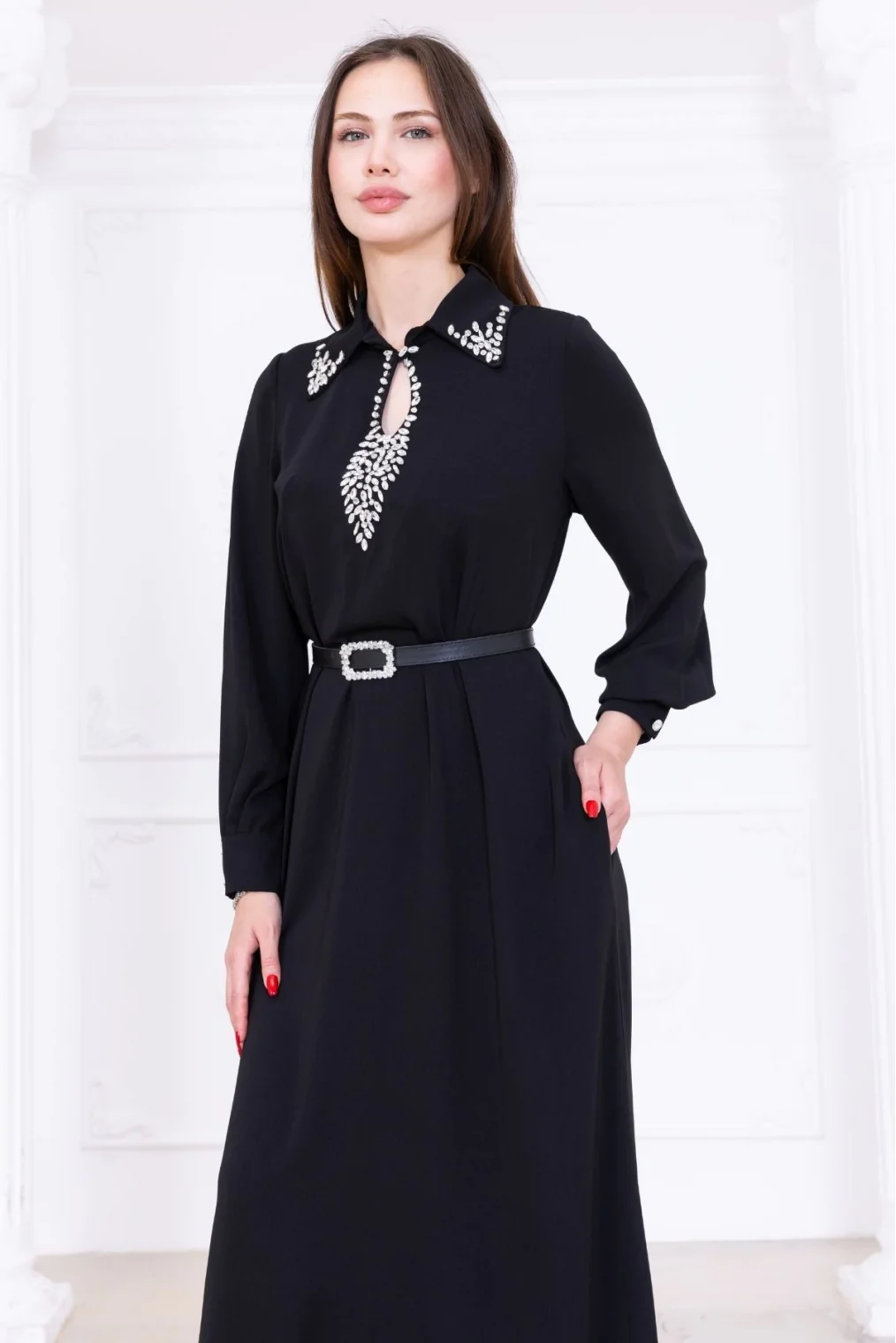 Yaka İşleme Detaylı Rahat Form Elbise 1013-Siyah