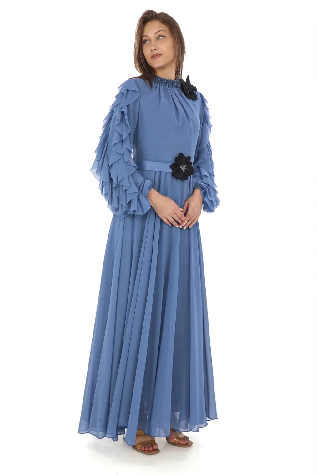 Yaka İşlemeli Kol Fırfırlı Taşlı Çiçek Detaylı Elbise 2708-İndigo