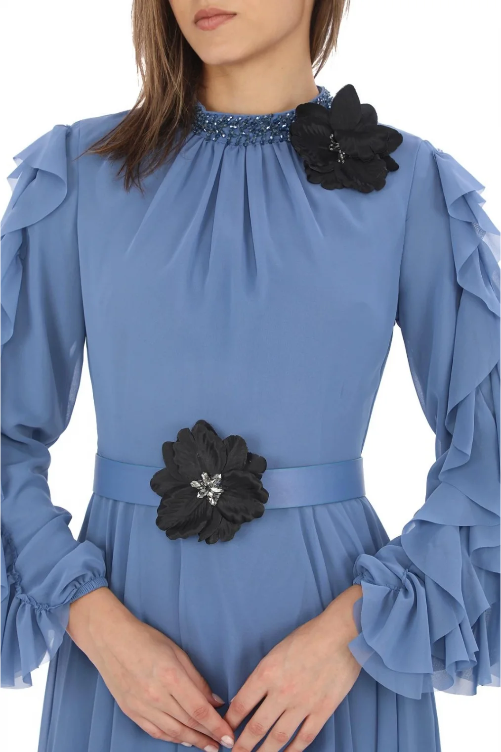 Yaka İşlemeli Kol Fırfırlı Taşlı Çiçek Detaylı Elbise 2708-İndigo