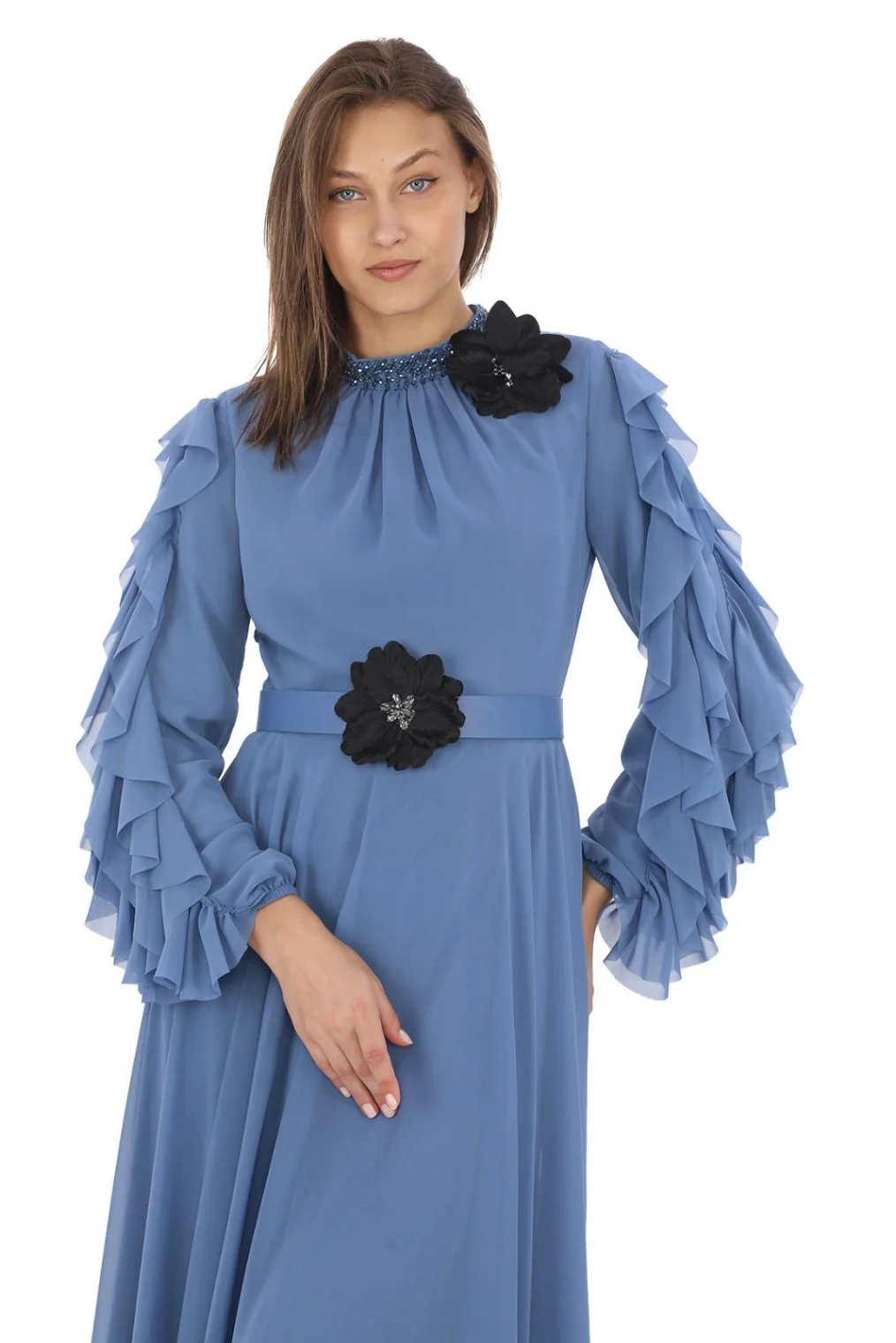 Yaka İşlemeli Kol Fırfırlı Taşlı Çiçek Detaylı Elbise 2708-İndigo