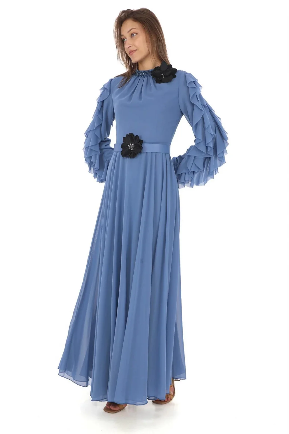 Yaka İşlemeli Kol Fırfırlı Taşlı Çiçek Detaylı Elbise 2708-İndigo