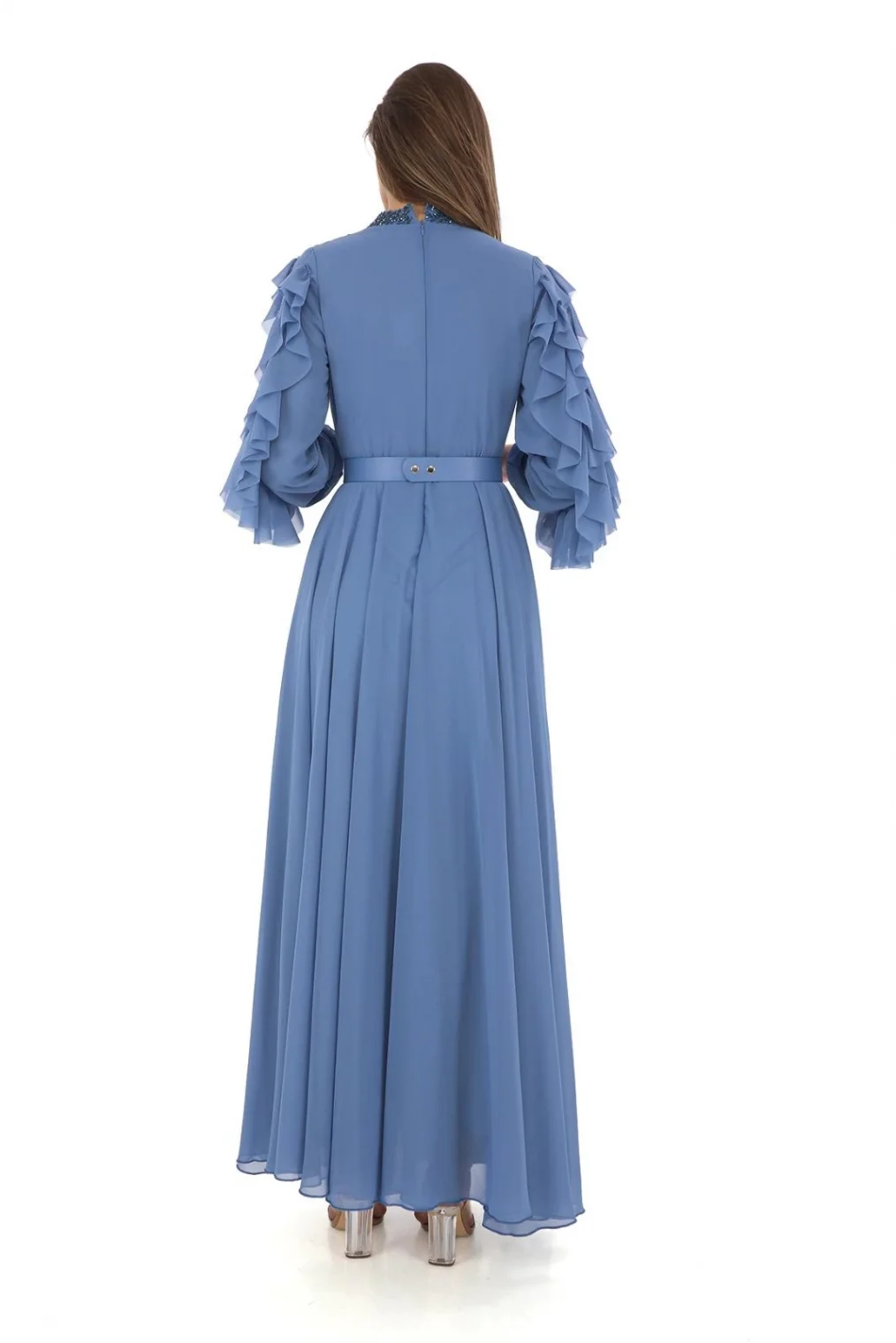 Yaka İşlemeli Kol Fırfırlı Taşlı Çiçek Detaylı Elbise 2708-İndigo