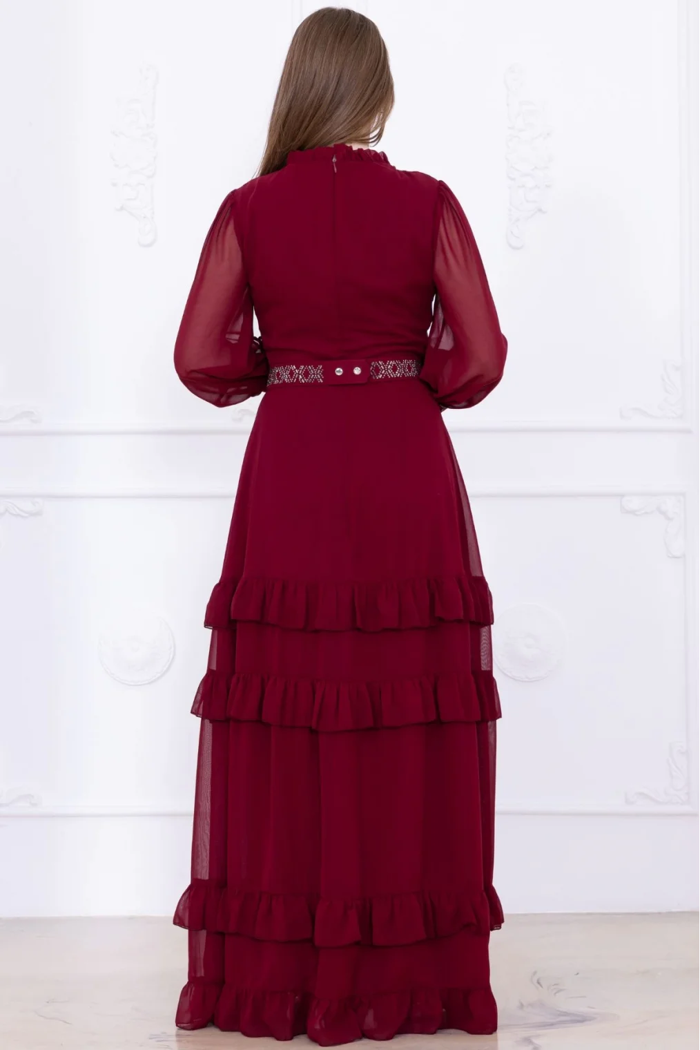 Yaka İşlemeli Taşlı Kol ve Kemer Detaylı Kat Kat Abiye Elbise 2756-Bordo