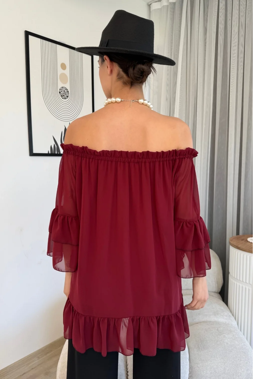 Yaka Lastikli Şifon Bluz 6022-Bordo