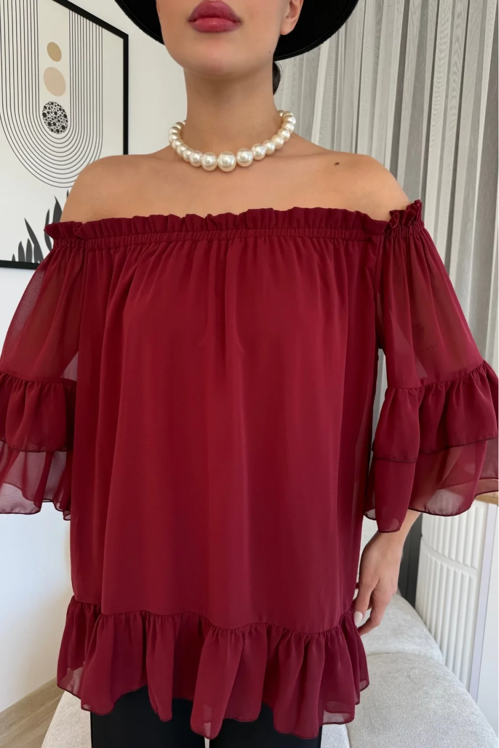 Yaka Lastikli Şifon Bluz 6022-Bordo