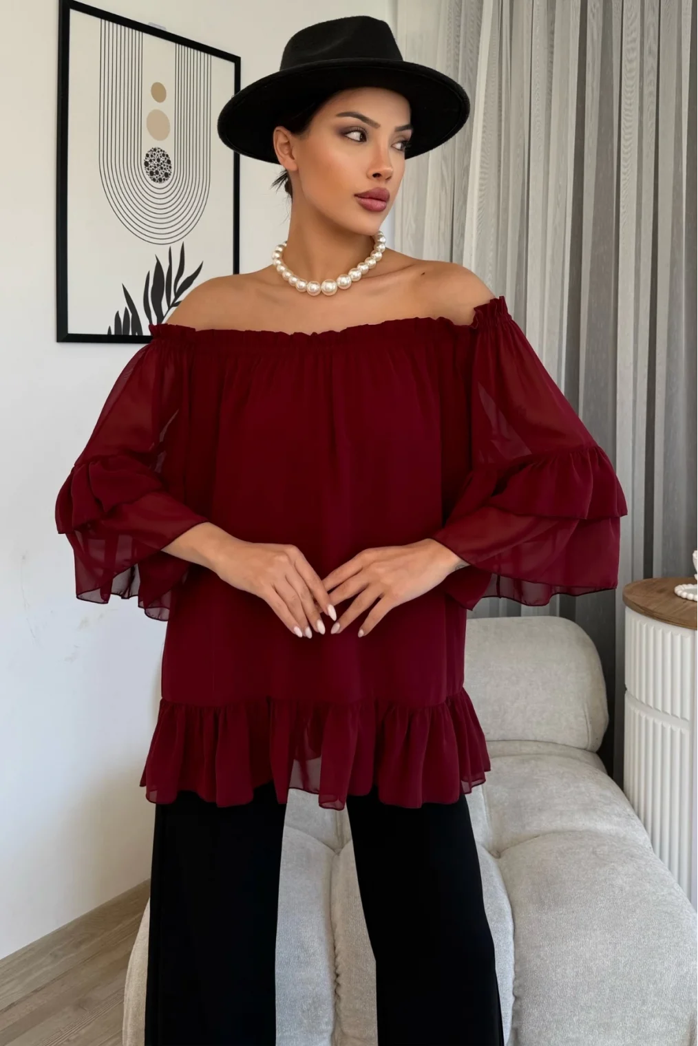 Yaka Lastikli Şifon Bluz 6022-Bordo