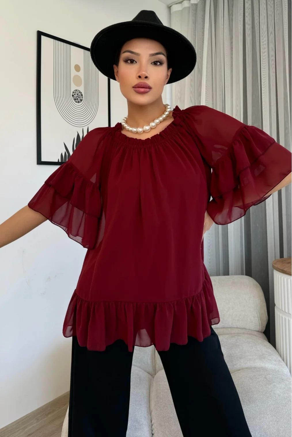 Yaka Lastikli Şifon Bluz 6022-Bordo