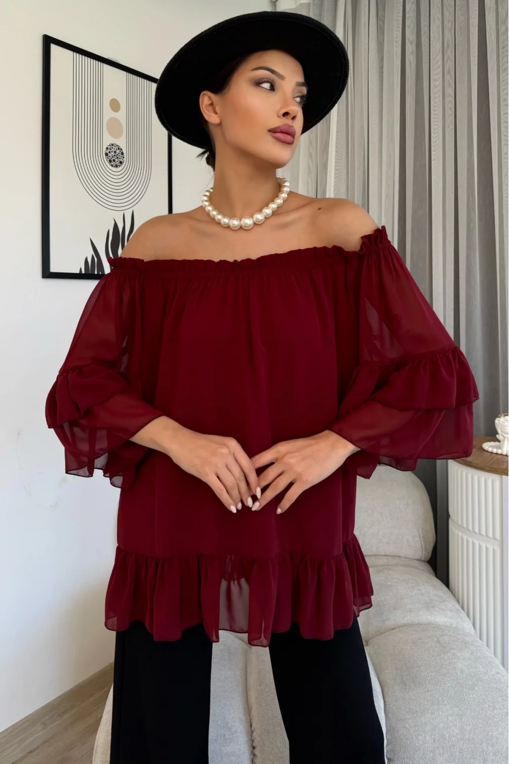 Yaka Lastikli Şifon Bluz 6022-Bordo