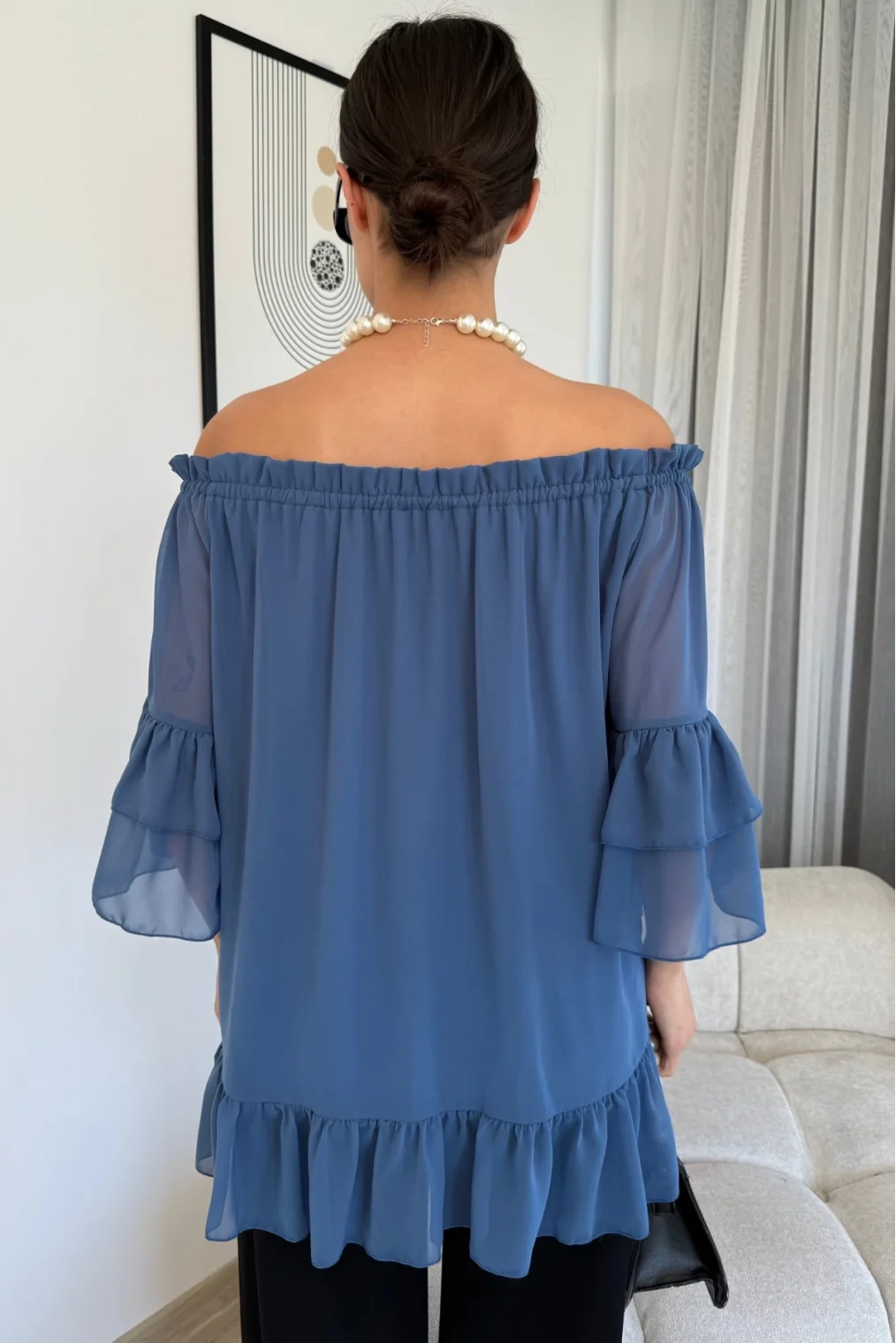 Yaka Lastikli Şifon Bluz 6022-İndigo