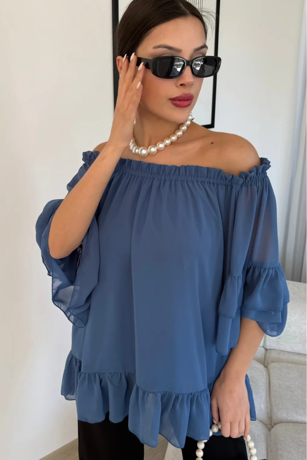 Yaka Lastikli Şifon Bluz 6022-İndigo