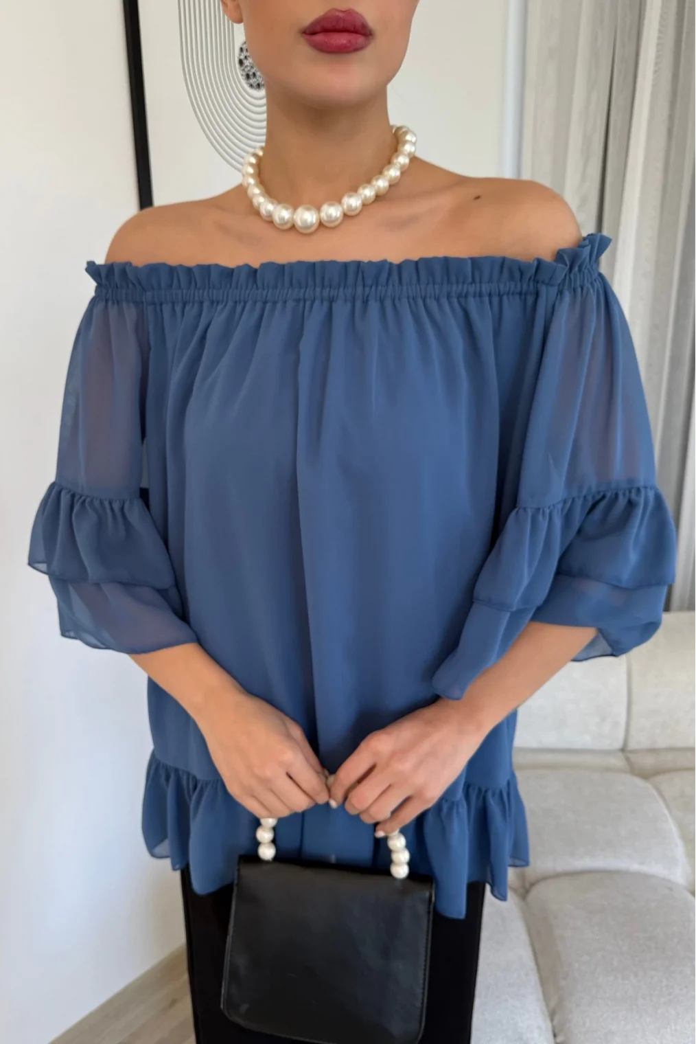 Yaka Lastikli Şifon Bluz 6022-İndigo