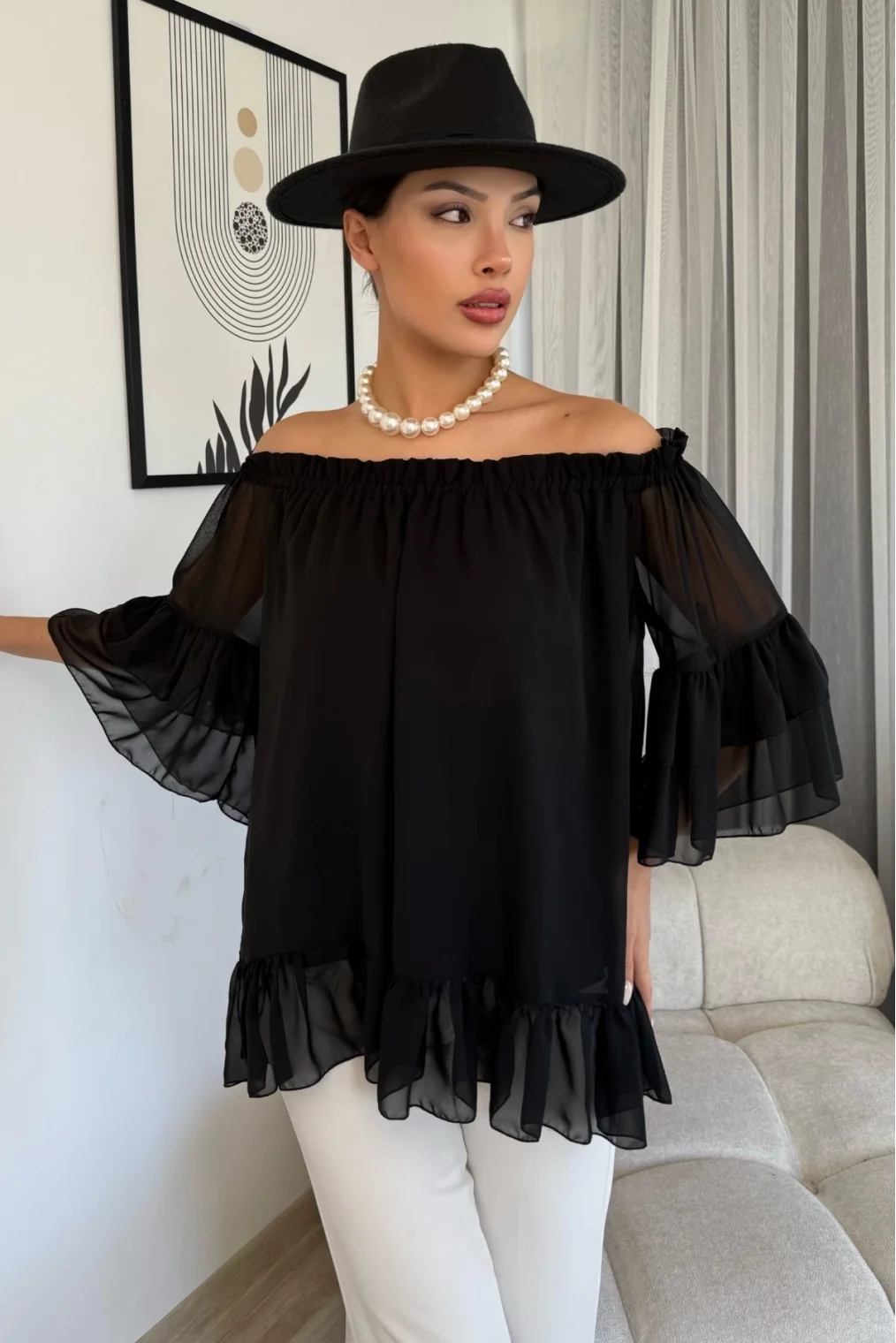 Yaka Lastikli Şifon Bluz 6022-Siyah