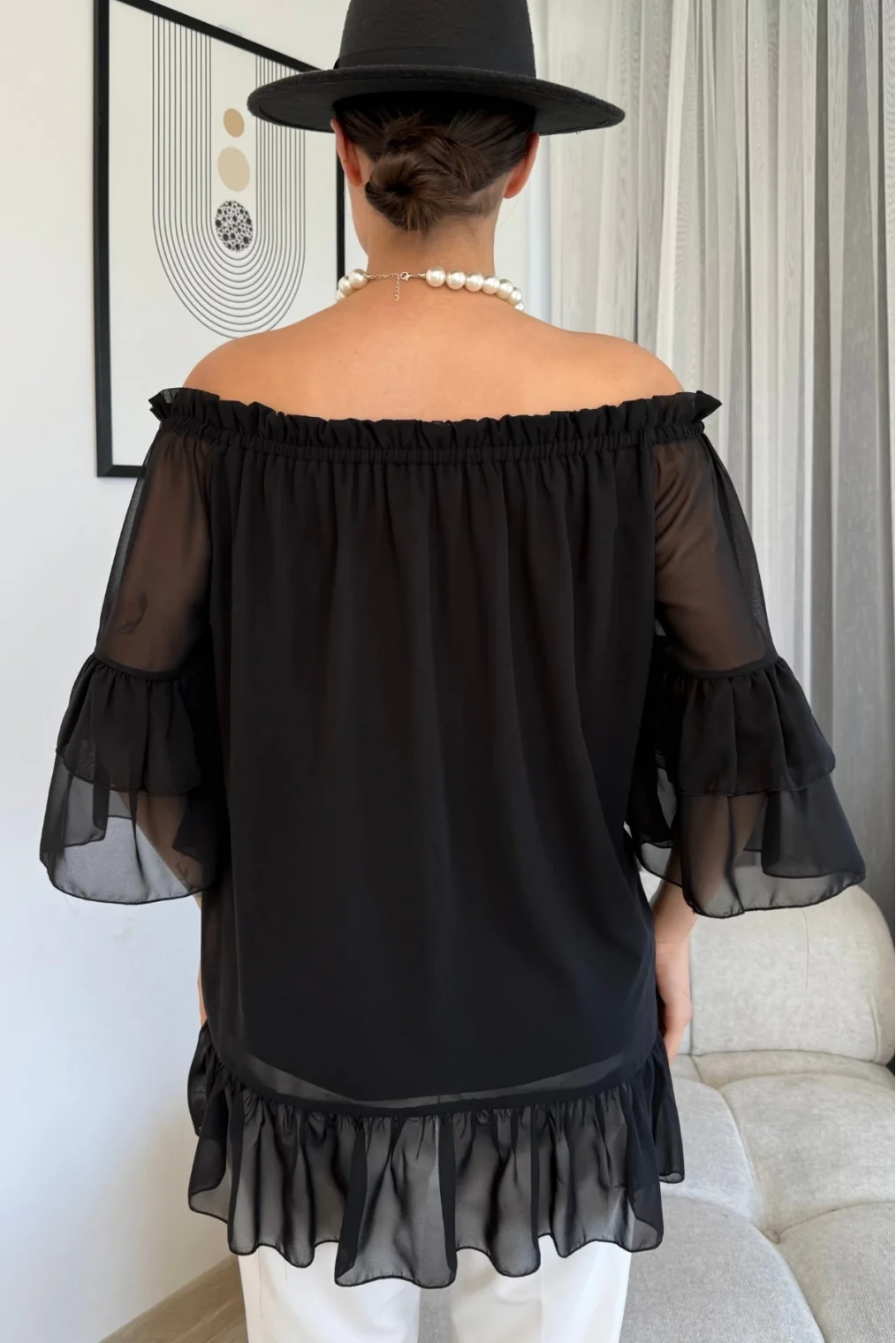 Yaka Lastikli Şifon Bluz 6022-Siyah