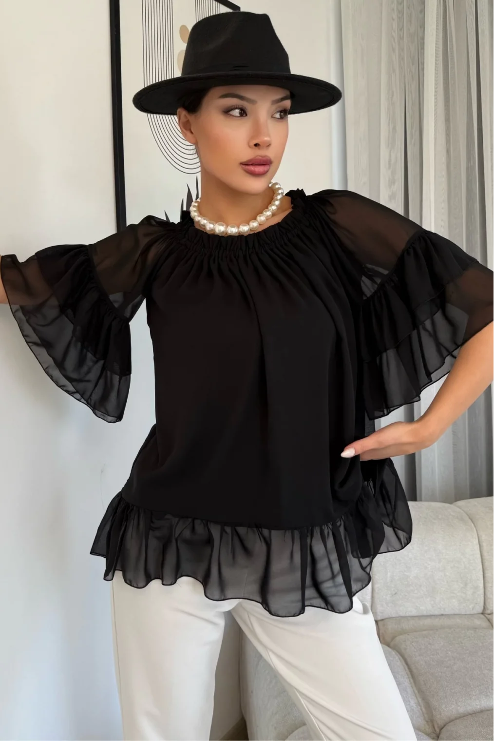 Yaka Lastikli Şifon Bluz 6022-Siyah