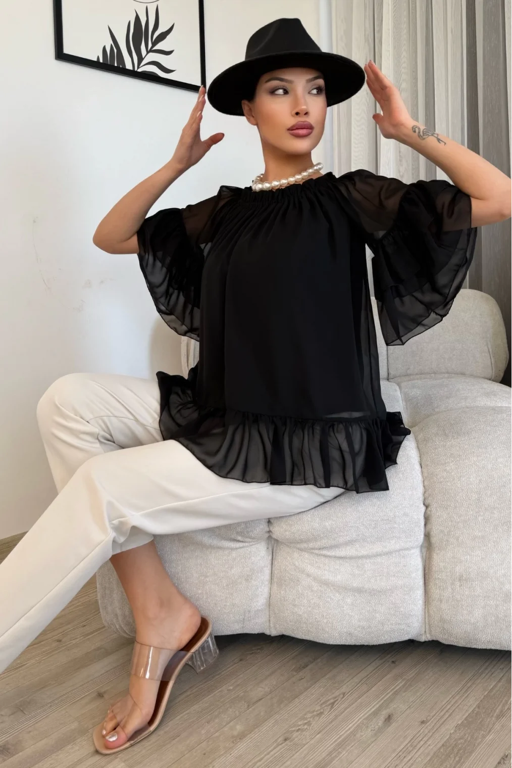 Yaka Lastikli Şifon Bluz 6022-Siyah