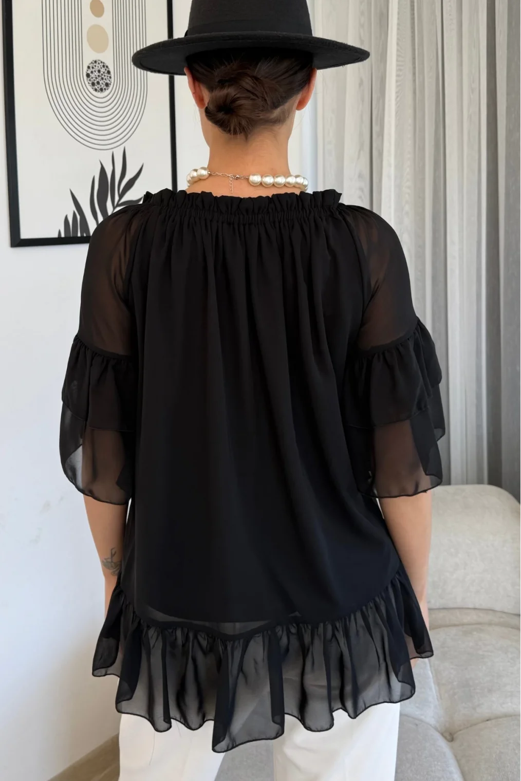 Yaka Lastikli Şifon Bluz 6022-Siyah