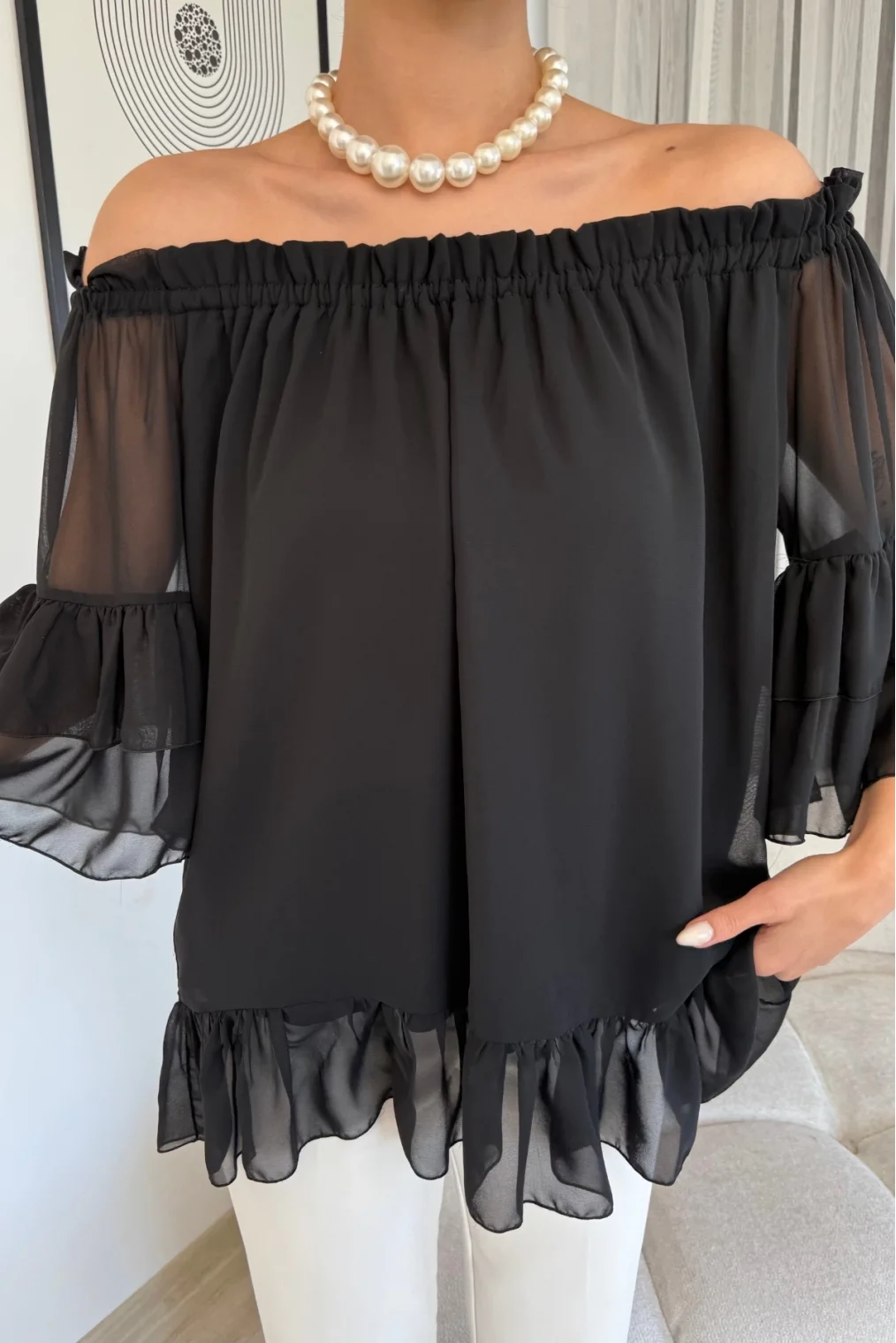 Yaka Lastikli Şifon Bluz 6022-Siyah