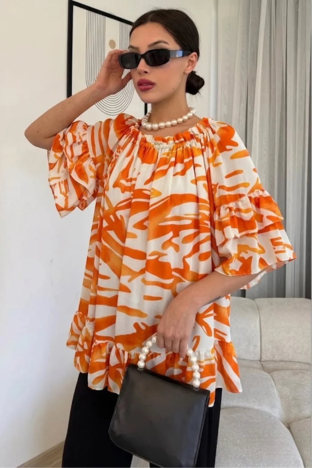 Madonna Yaka Lastikli Viskon Bluz 6020-Oranj