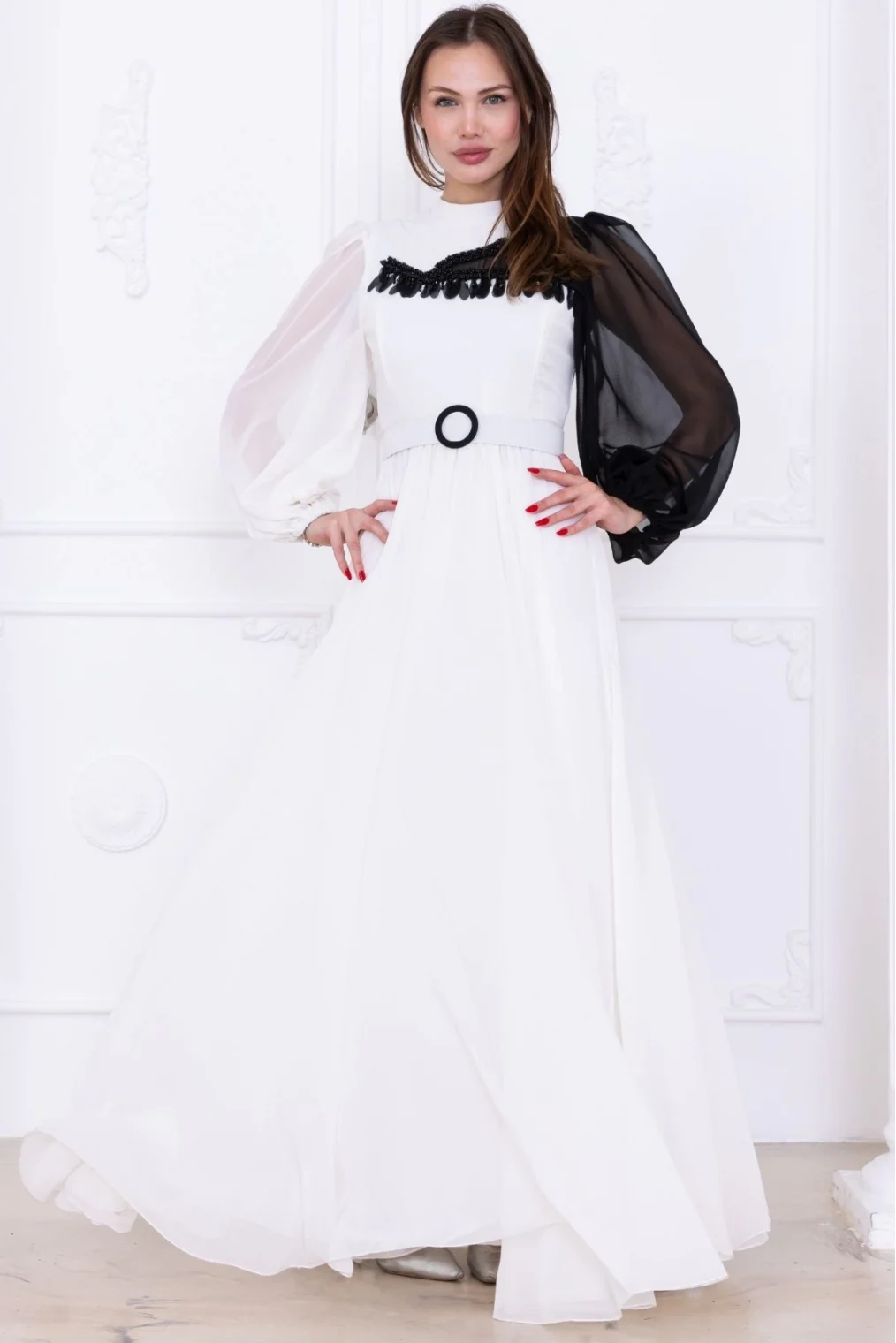 Yaka ve Kol Detaylı Şifon Abiye Elbise 2744-Beyaz