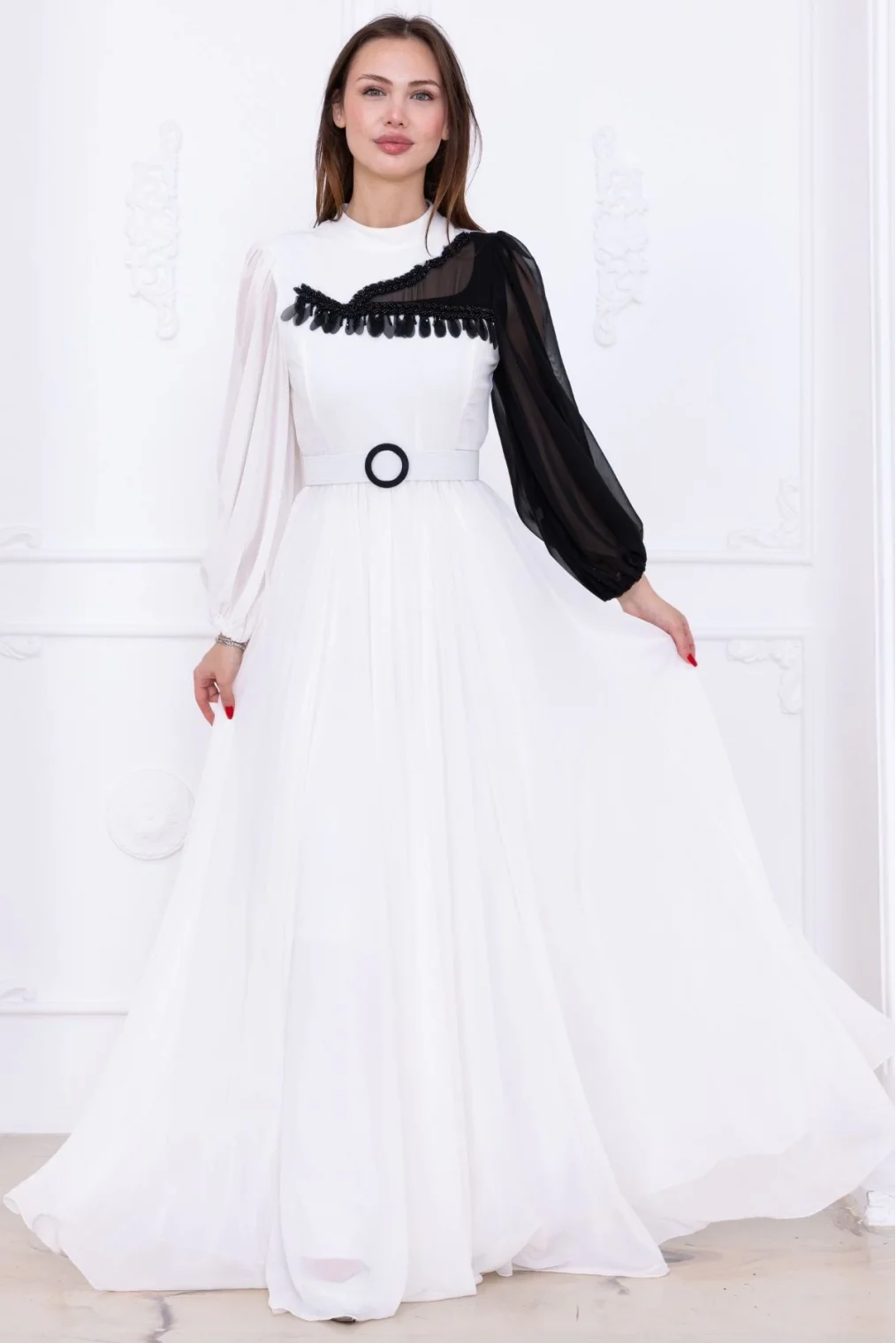 Yaka ve Kol Detaylı Şifon Abiye Elbise 2744-Beyaz