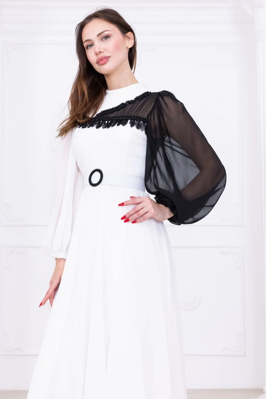 Yaka ve Kol Detaylı Şifon Abiye Elbise 2744-Beyaz