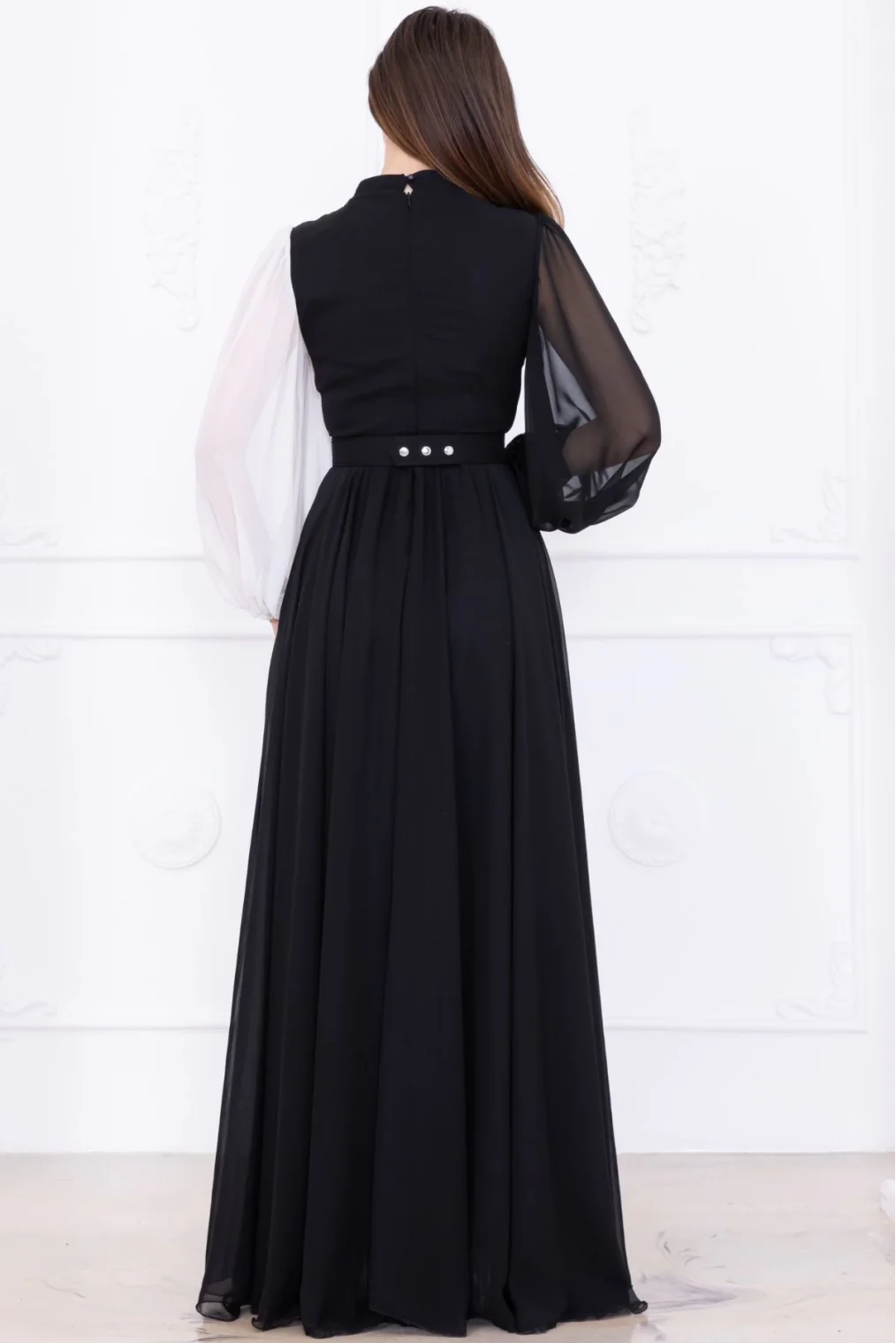 Yaka ve Kol Detaylı Şifon Abiye Elbise 2744-Siyah