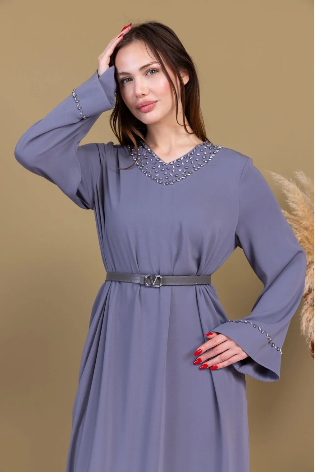 Yaka ve Kol İşleme Detaylı Rahat Form Elbise 1015-Gri