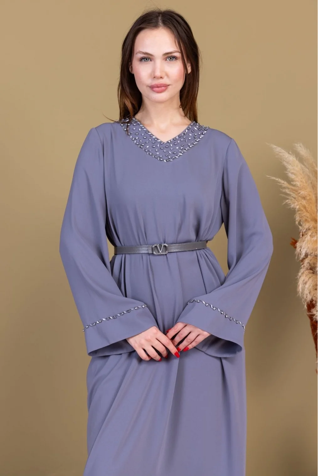 Yaka ve Kol İşleme Detaylı Rahat Form Elbise 1015-Gri