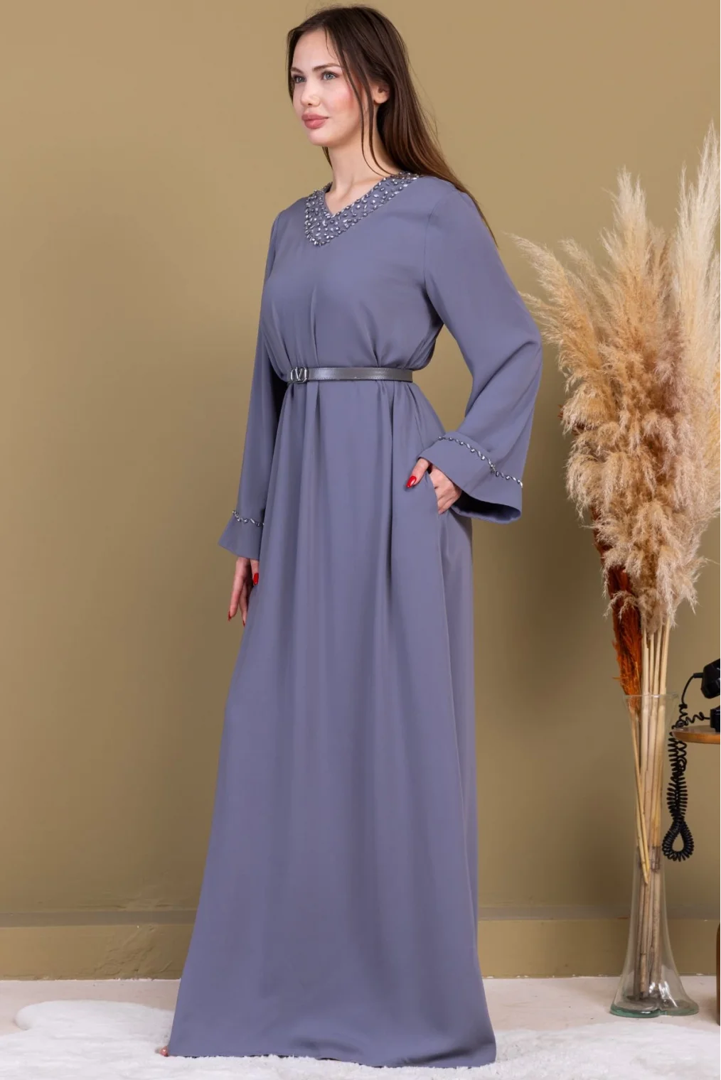 Yaka ve Kol İşleme Detaylı Rahat Form Elbise 1015-Gri