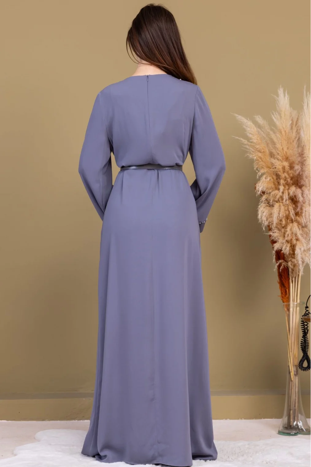 Yaka ve Kol İşleme Detaylı Rahat Form Elbise 1015-Gri