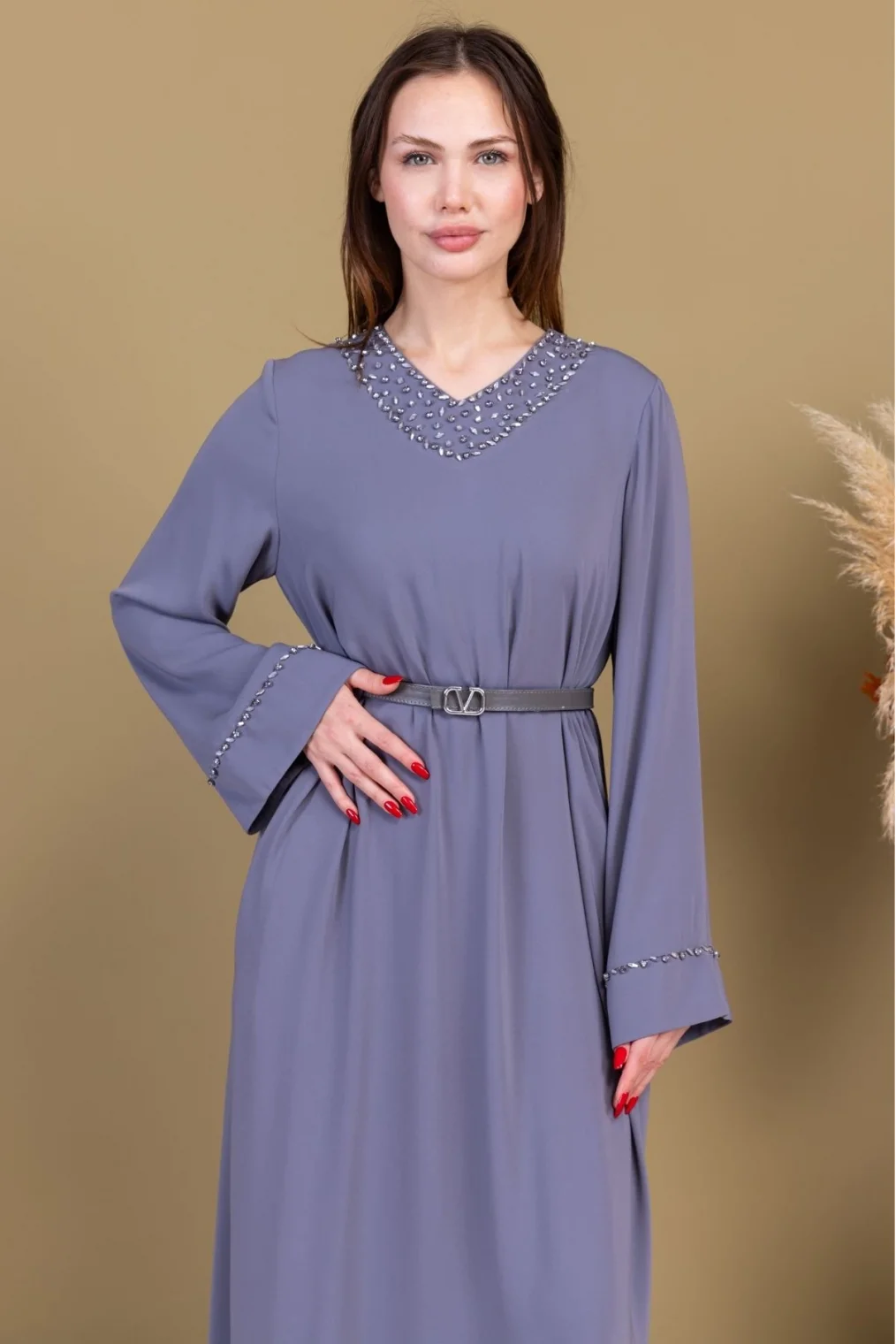 Yaka ve Kol İşleme Detaylı Rahat Form Elbise 1015-Gri