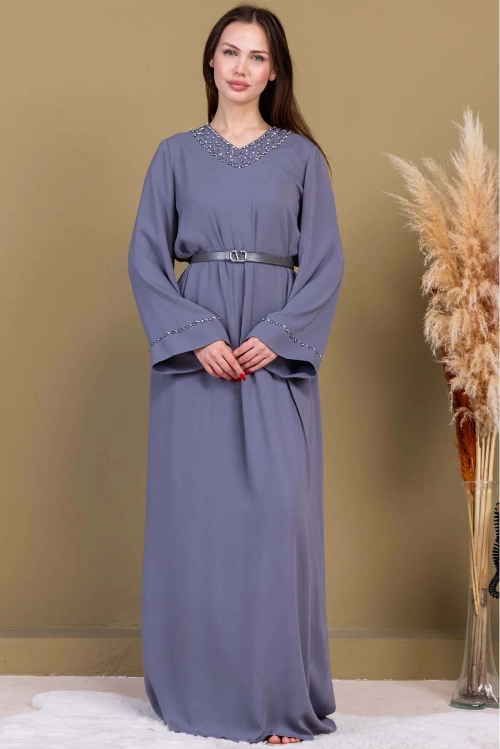 Yaka ve Kol İşleme Detaylı Rahat Form Elbise 1015-Gri