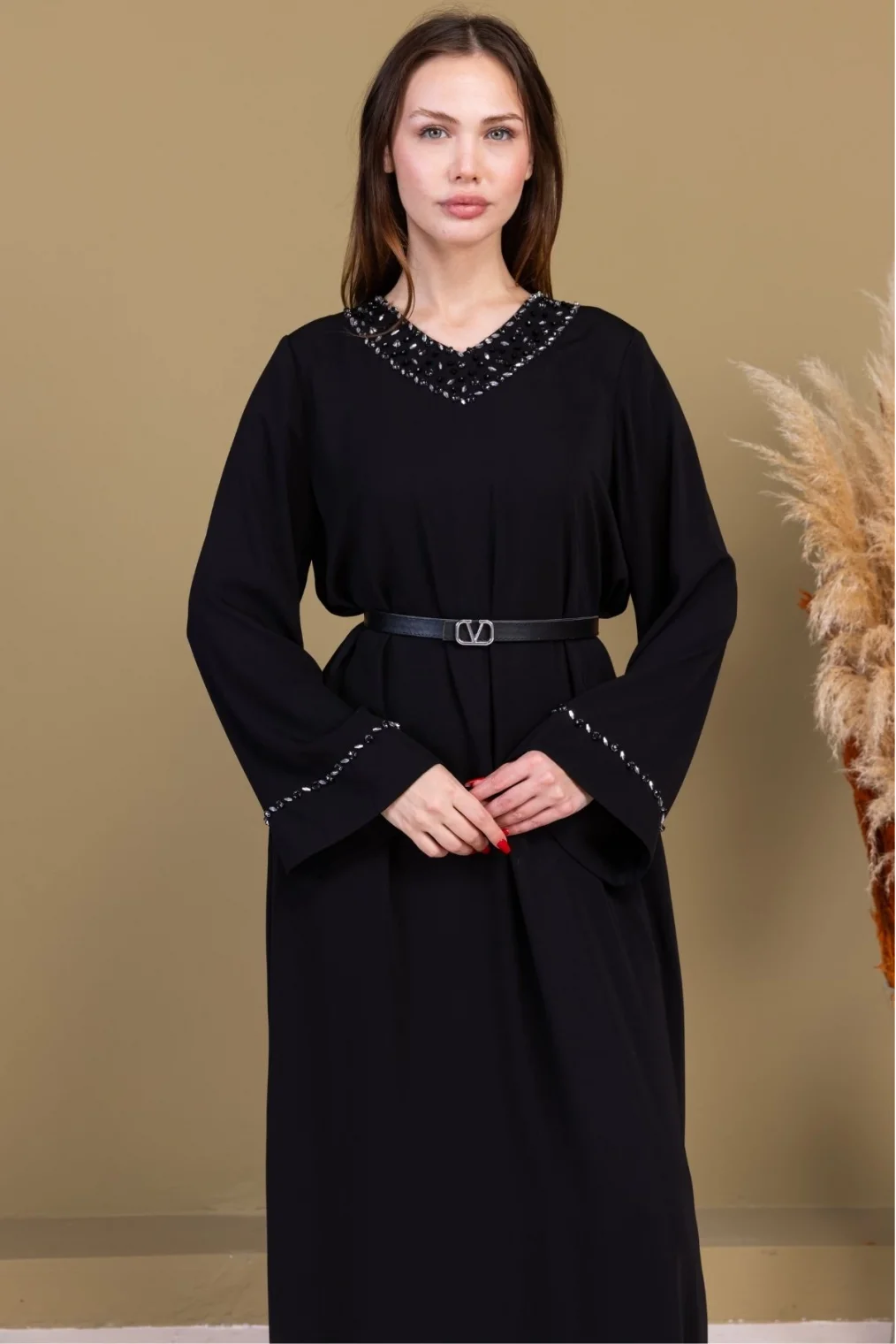 Yaka ve Kol İşleme Detaylı Rahat Form Elbise 1015-Siyah