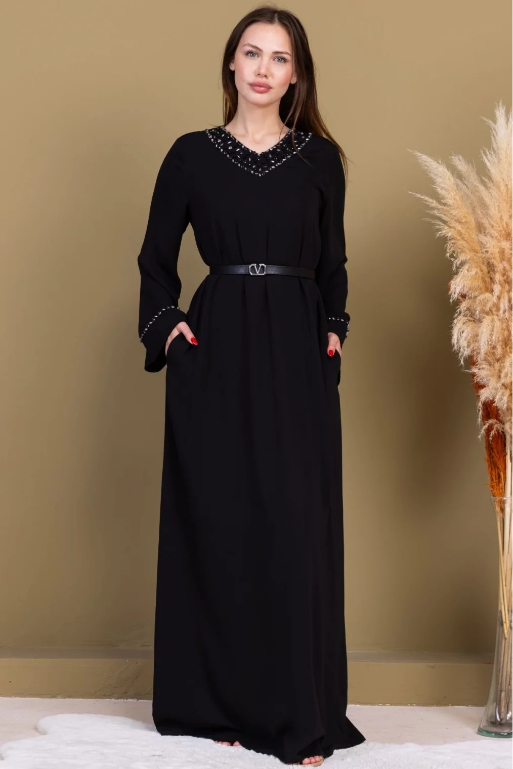 Yaka ve Kol İşleme Detaylı Rahat Form Elbise 1015-Siyah