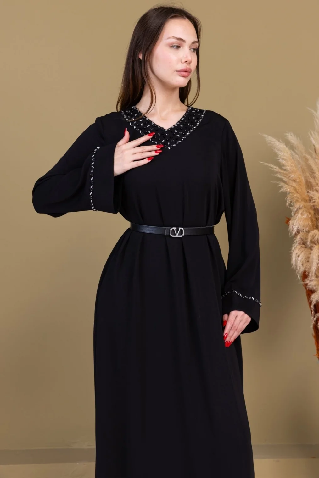 Yaka ve Kol İşleme Detaylı Rahat Form Elbise 1015-Siyah